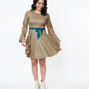 Women's Unique Vintage Green & Gold Deco Motif Flare Dress, Size 1X